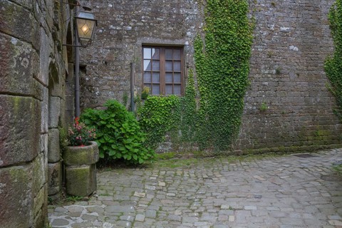 Backyard in Locronan village, Finistère department of Brittany in north-western France