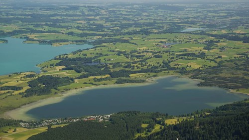 Panorama from the Tegelberg to the Bannwaldsee, Ostallgaeu, Allgaeu, Swabia, Bavaria, Germany,