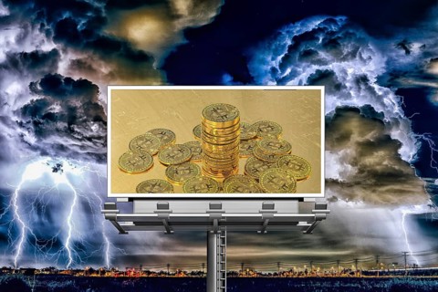 Symbolic image, Bitcoin on billboard, storm, questionable vision of the future, stock market
