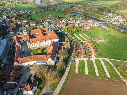 Aerial view of Plankstetten with Benedictine Abbey, Plankstetten, Berching, Bavaria, Germany,