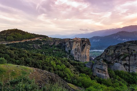 Sandstone formations, evening sky over Meteora, Thessaly, Greece, Europe