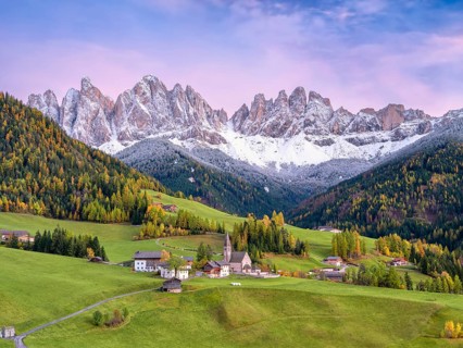 Church of St. Magdalena at sunset, Santa Maddalena, autumn, Odle Group with snow, Funes, Funes