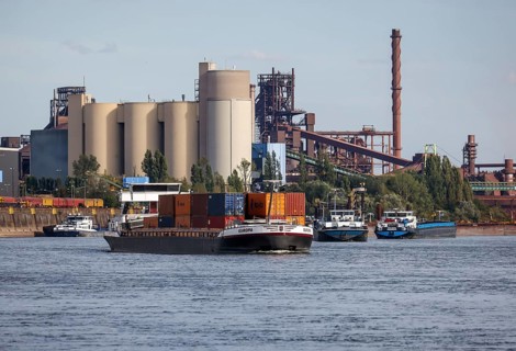 Duisburg, North Rhine-Westphalia, Germany, freighter at the southern harbour, Holcim cement works