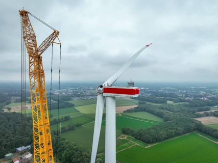 Dorsten, North Rhine-Westphalia, Germany, construction of a wind turbine. A large mobile crane