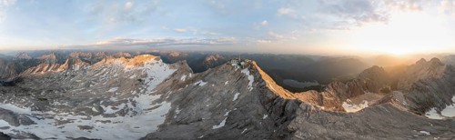 Sunrise, Alpine panorama, aerial view, Zugspitze and Zugspitzplatt with glacier, high mountains,