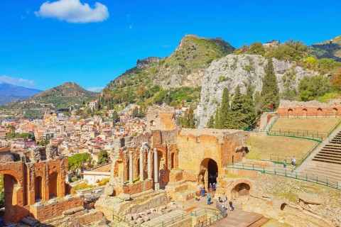 The Greek theatre, Taormina, Sicily, Italy, Europe