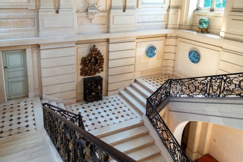 Stone staircase at Château de Bel?il, Baroque moated castle in Beloeil and residence of the princes