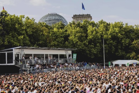 Fans react during the European Championship preliminary round match between Germany and Hungary on