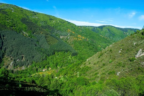 View of the Vivarais mountains from the rise of Col de la Chavade. Ardeche. Auvergne-Rhone-Alpes.