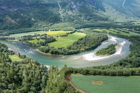 Aerial view of river Driva in the Sunndal valley, near village Sunndalsora, Norway, Europe