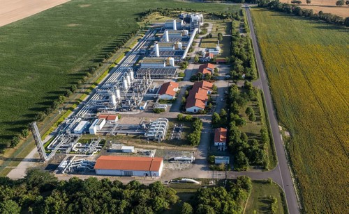 Aerial view of the Mallnow natural gas compressor station of Gascade Gastransport Gmbh, Mallnow