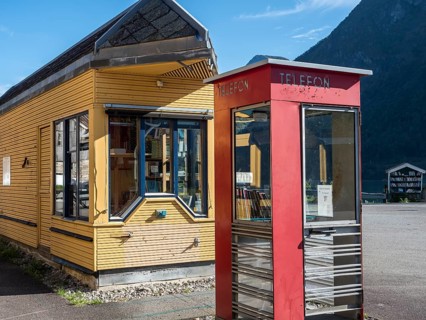 Shop for used books in norwegian book town Fjaerland at the Sognefjord, Norway, Europe