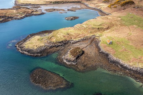 Bothy hut, coastline of island Ulva, west of Isle of Mull, aerial view, Scotland, UK