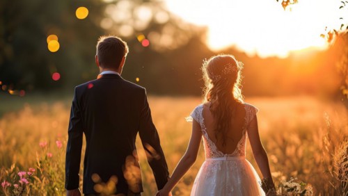 Affectionate romantic couple hugging at sunset during honeymoon in wedding dress, AI generated