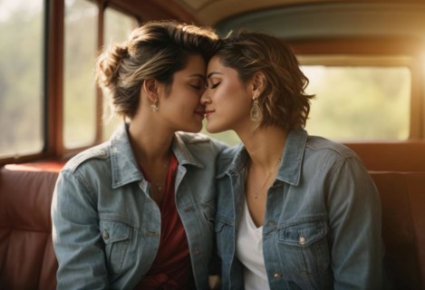 Two women are kissing each other.. Scene is romantic and intimate, AI generated