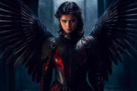 A woman in a black and red costume with wings on her back, AI generated