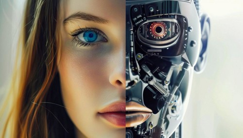 A woman's face is split in half, with one half being a robot. The image is a representation of the