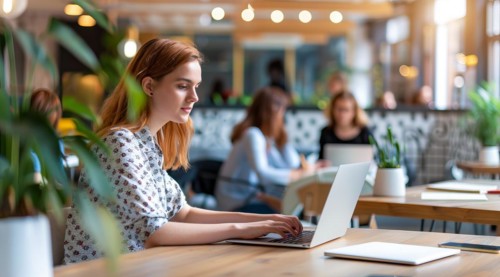 A business woman is sitting at a table with a laptop in front of her working remotely with the team