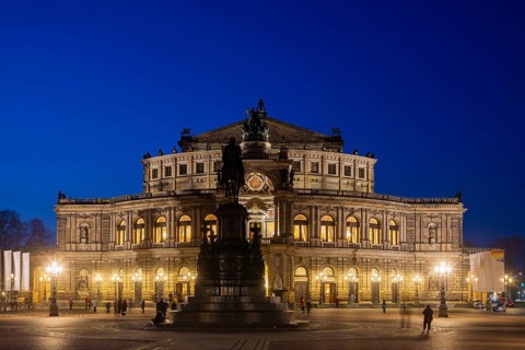 Semperoper am Theaterplatz with King Johann monument in the evening, Dresden, Saxony, Germany,
