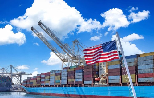International container cargo and freight ships docked in Seattle port terminals