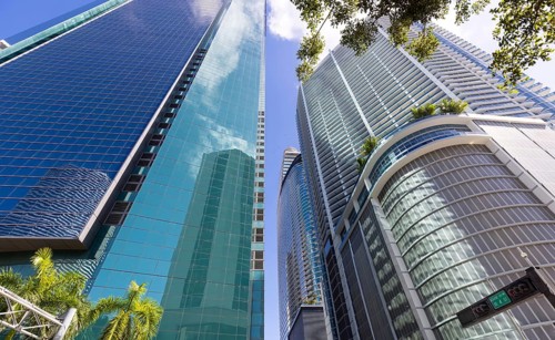 Miami downtown financial skyline and business shopping center near Biscayne bay and South beach