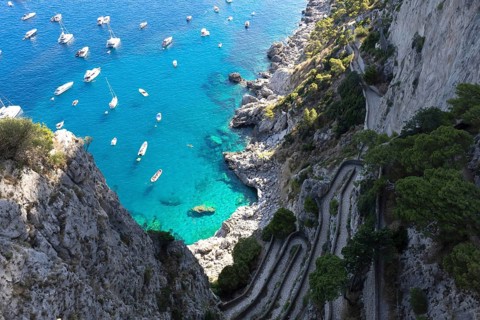 Italy, scenic views of Capri Island and faraglioni from Augustus Gardens, Europe