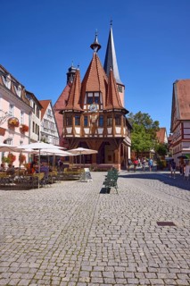 Historic town hall on the market square under a cloudless blue sky in Michelstadt, Odenwald,