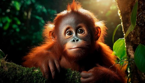 Cute little orangutan baby in dark rainforest looks curious, portrait, AI generated, AI generated