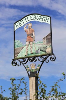 Village sign showing Saxon origins, Kettleburgh, Suffolk, England, UK