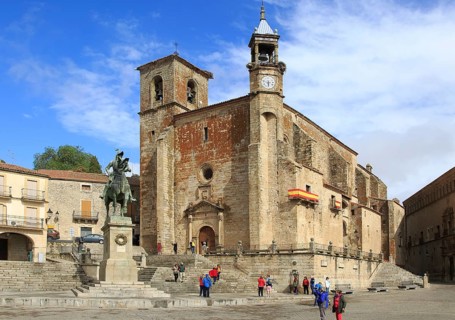 Iglesia de San Martin church and Pizarro statue in historic medieval town of Trujillo, Caceres