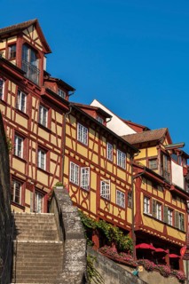 Meersburg on Lake Constance, old town, half-timbered house, facades, stairs, sunshades,