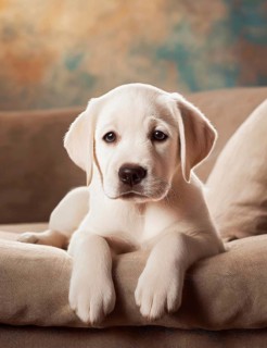 White Labrador Retriever (Canis lupus familiaris), cute puppy lying on sofa in living room, animal
