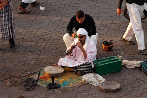 Snake charmer on the Djemaa el Fna square in Marrakech, Morocco, Africa