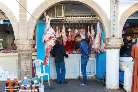 Meat hanging on hook at butcher shop in medina area of Essaouira, Morocco, north Africa, Africa