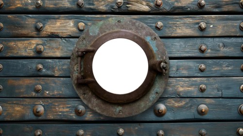 Vintage aged brass ship porthole mounted on a wooden hull with a white background. generative AI,