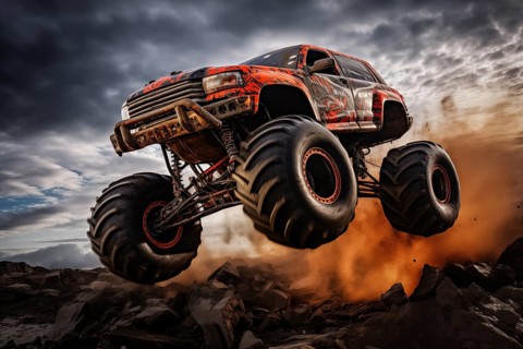 Monster truck driving and jumping outdoors amidst a cloud of dust. Thrill and adrenaline of an