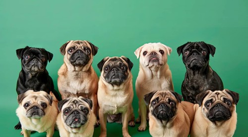 A group portrait of pugs are standing in rows, all with their tongues out, AI generated