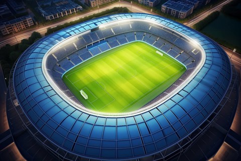 Aerial bird eye top view of a soccer football field stadium in night, AI generated