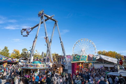 Crowd of people on fairground, amusement park, amusement ride, Ferris wheel, showmen, on the