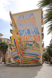Sculpture Le Bateau Sculpture by Alexandre-Benjamin Navet 1995, colourful ship with Neptune as