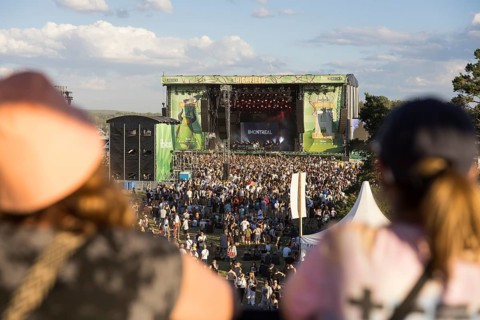 Two visitors look onto the Green Stage at the Highfield Festival on Friday, Störmthaler See,