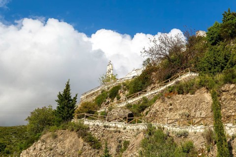 Exterior of Greek Orthodox church of Saint Mary, or Panagia Monastery, Dhermi, Albania steps