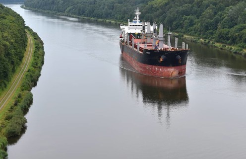 Aerial view, cargo ship Coyote travelling through the Kiel Canal, Kiel Canal, Schleswig-Holstein,