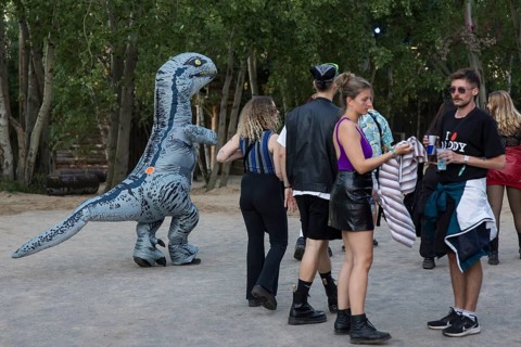 A festival visitor dressed as a dinosaur walks through the forest alongside other guests at the