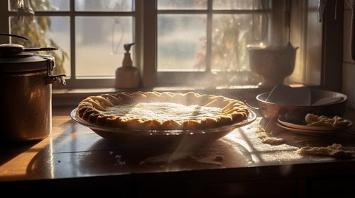 Fresh homemade pie steaming on the counter as morning light fills the kitchen, generative AI, AI