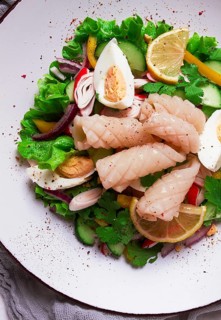 Salad of squid and vegetables, with egg, homemade, no people