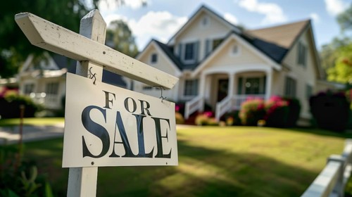 Home for sale real estate sign in front of house. generative AI, AI generated