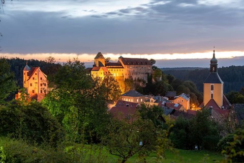 Hohnstein Castle in Saxon Switzerland, stands on a rock high above the town, Hohnstein, Saxony,
