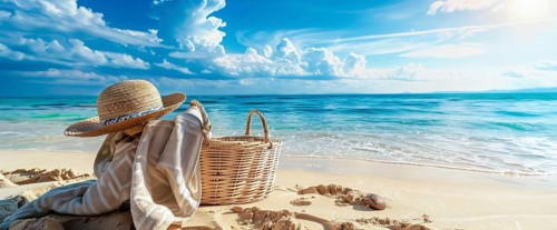 Beach scene with a straw hat, beach bag. Summer vacation, palm trees and ocean in the background,