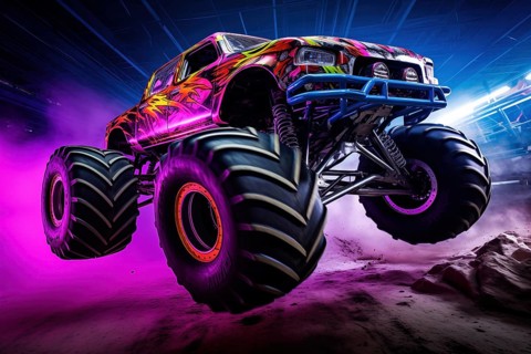 Monster truck with neon lighting, jumping off-road in cloud of dust. Excitement and thrill of an
